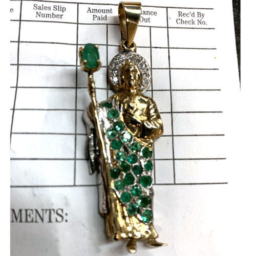 14K Gold Saint Jude Pendant with Emeralds