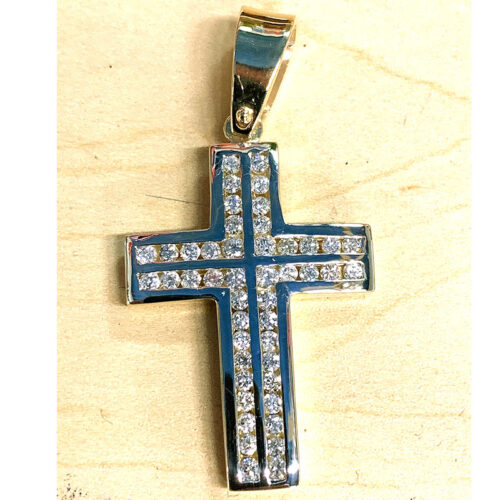 14K Yellow Gold Cross Pendant with Two Rows of Diamonds