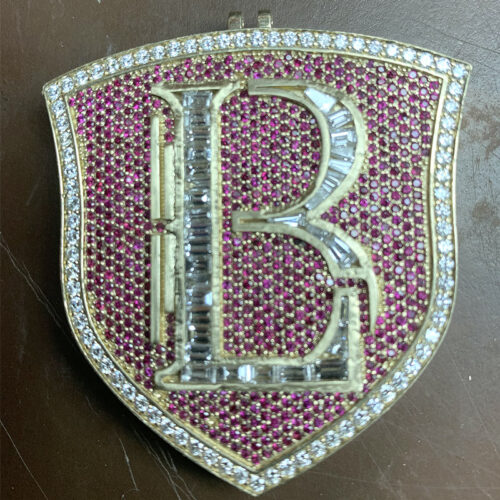 Custom 14K Gold “B” Pendant with Red Sapphires and Diamonds