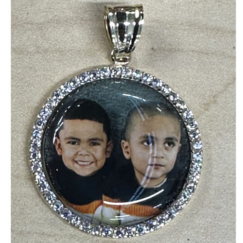 Custom 14K Gold Round Photo Pendant with Diamond Border