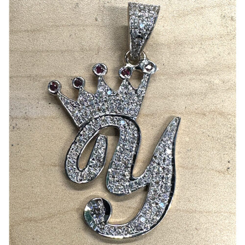 14K White Gold Iced Out “Y” Crown Pendant