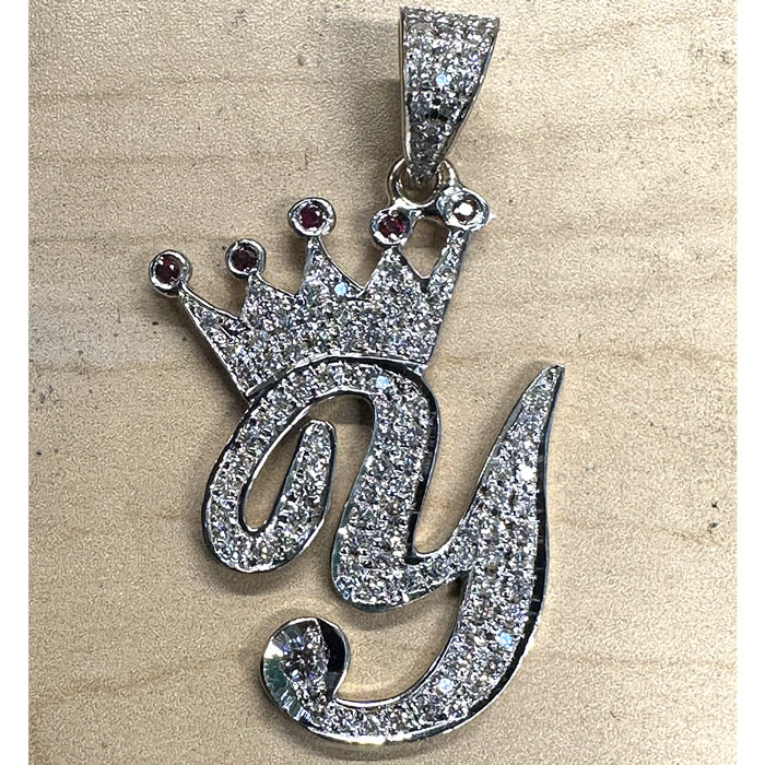 14K White Gold Iced Out “Y” Crown Pendant 1 14K White Gold Iced Out “Y” Crown Pendant
