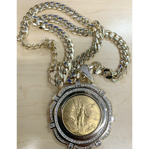 Custom 14K Gold Chain with 50 Pesos Coin and Diamond Frame