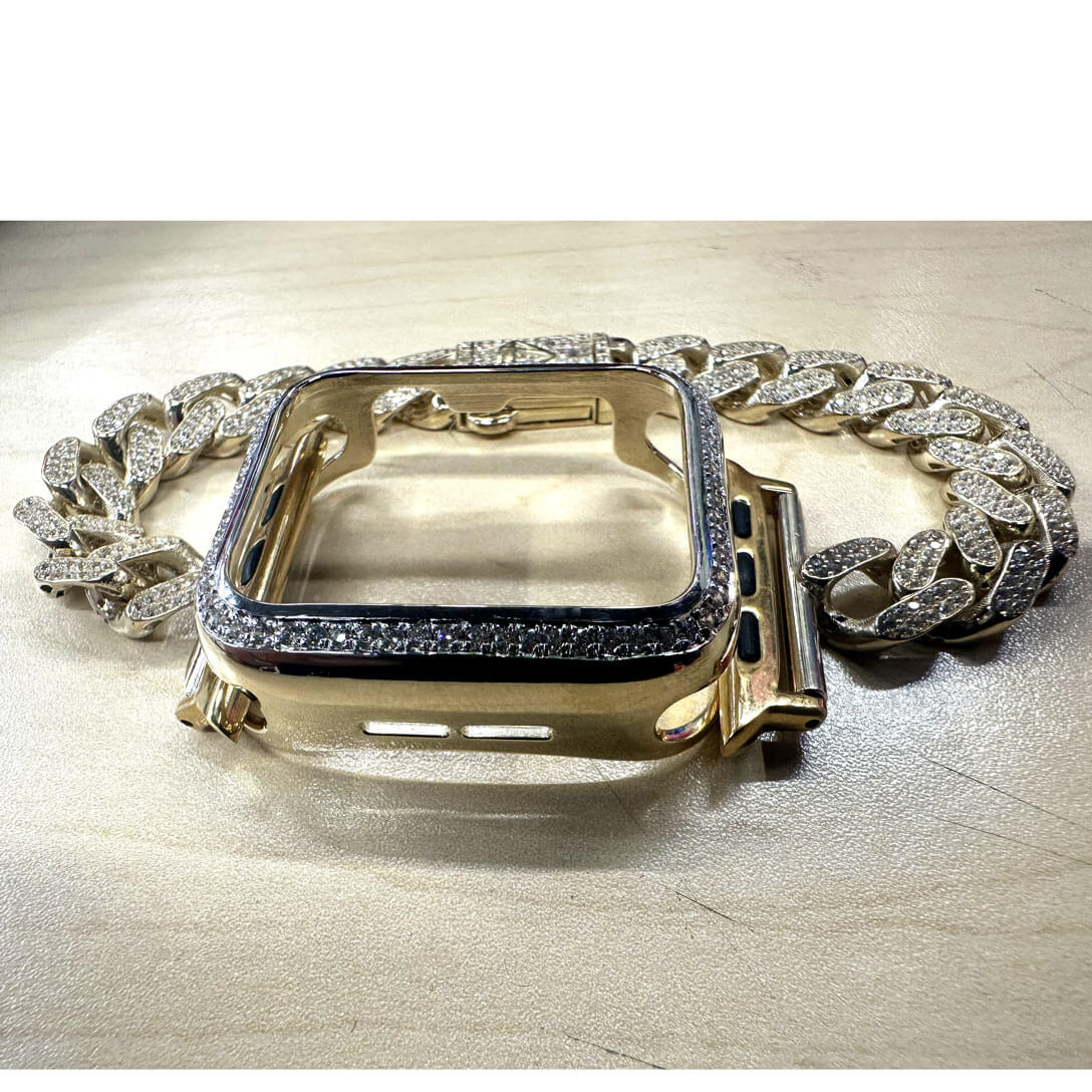 Custom 14K Gold Iced Apple Watch Frame with Link Bracelet 2 Custom 14K Gold Iced Apple Watch Frame with Link Bracelet - Image 2