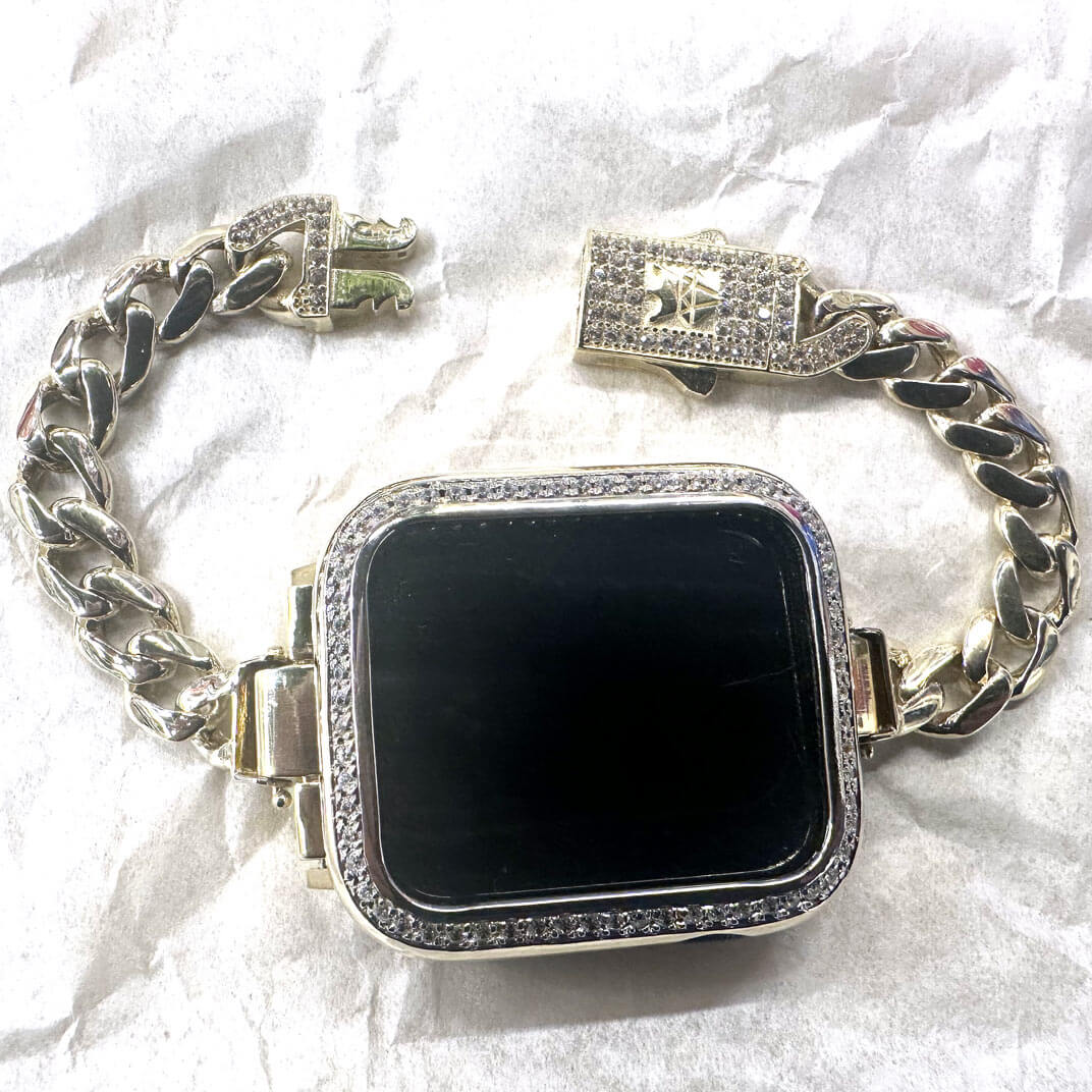 Custom 14K Gold Iced Apple Watch Frame with Link Bracelet 1 Custom 14K Gold Iced Apple Watch Frame with Link Bracelet