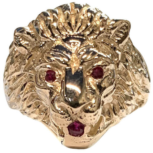 14K Yellow Gold Lion Head Ring with Red Rubies – Custom Jewelry